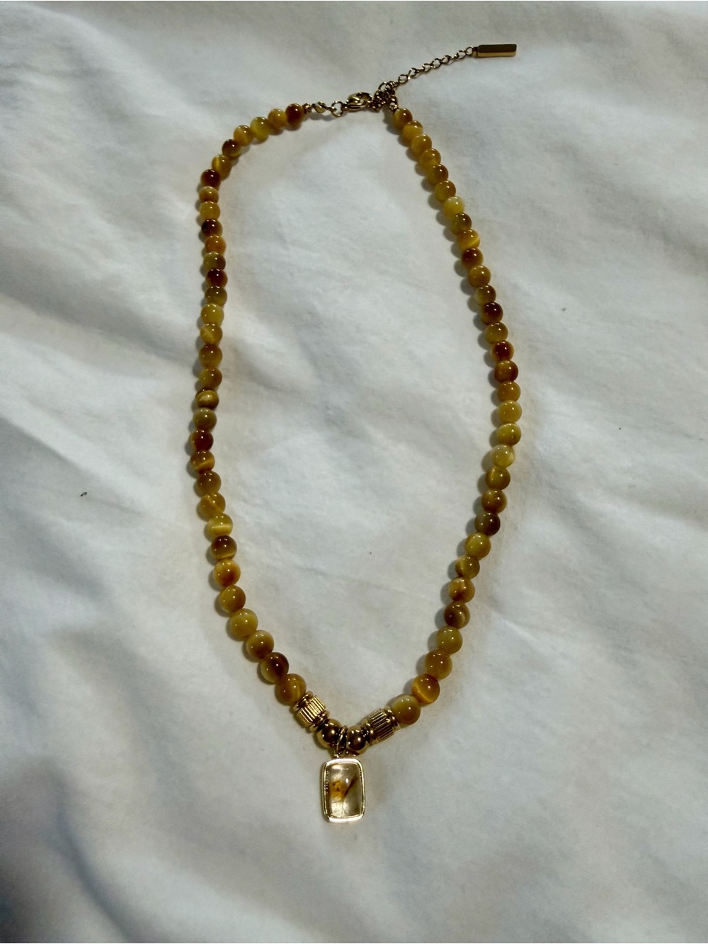 Yellow Agate Beaded Necklace with Rectangular Pendant -